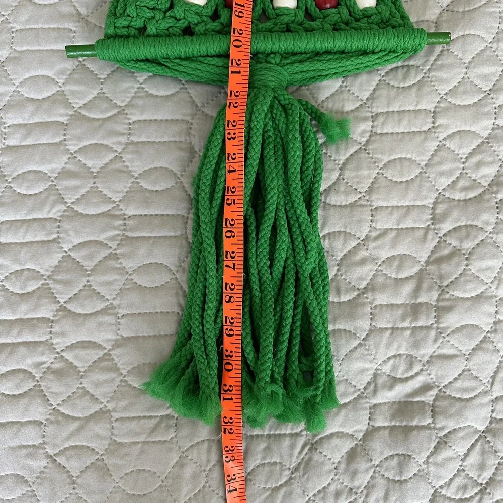 Vtg Macrame Crochet Handmade Christmas Tree Wall Hanging Large Green Red 32 X 12